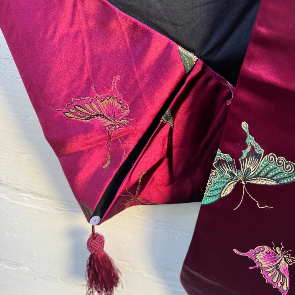 Vintage Butterfly Table Runner Burgundy Red Embroidered Tassel Chinoiserie 78